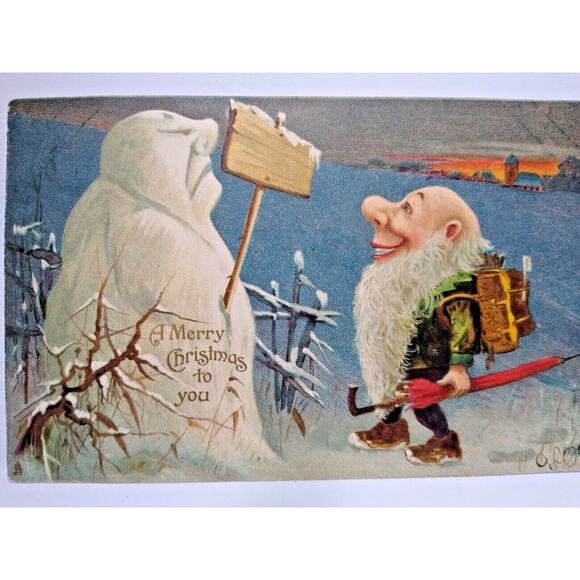 Christmas Postcard Snowman With Sign Gnome Fantasy Dwarf Tucks 1906 Series 8360 - Picture 2 of 4